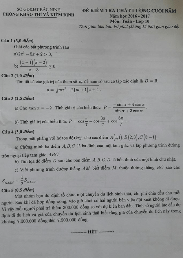 Đề thi học kì 2 (HK2) lớp 10 môn Toán năm học 2016 2017 sở GD và ĐT Bắc Ninh