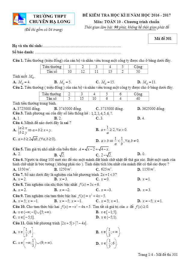Đề thi học kì 2 (HK2) lớp 10 môn Toán năm học 2016 2017 trường THPT chuyên Hạ Long Quảng Ninh
