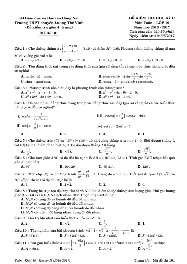 Đề thi học kì 2 (HK2) lớp 10 môn Toán năm học 2016 2017 trường THPT chuyên Lương Thế Vinh Đồng Nai