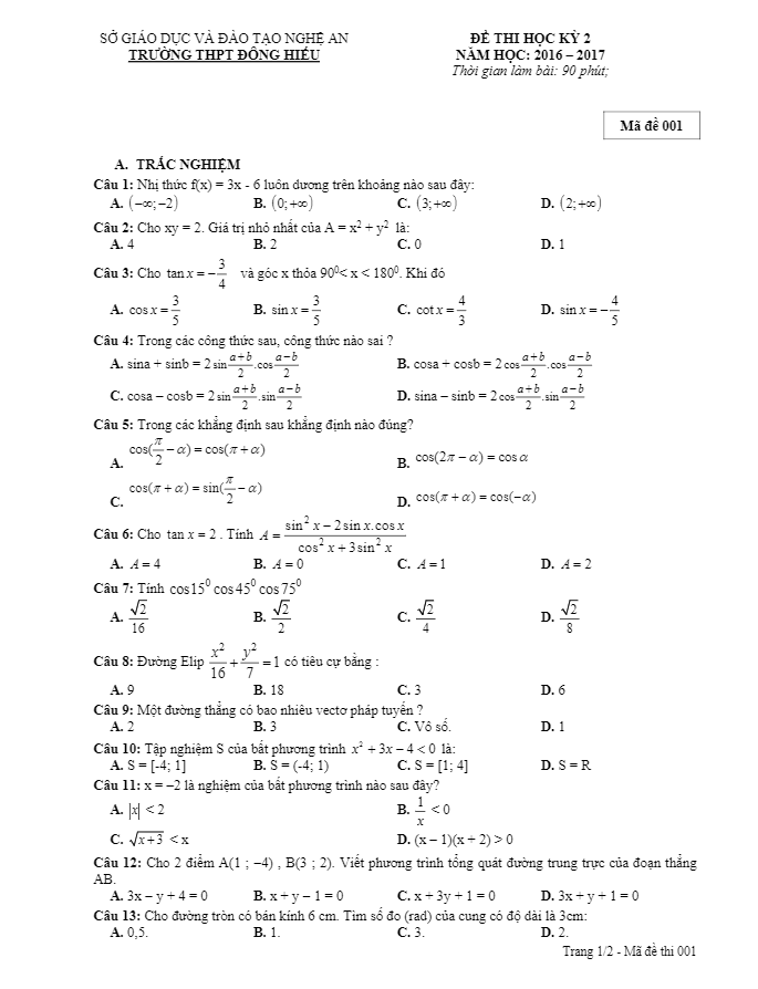 Đề thi học kì 2 (HK2) lớp 10 môn Toán năm học 2016 2017 trường THPT Đông Hiếu Nghệ An