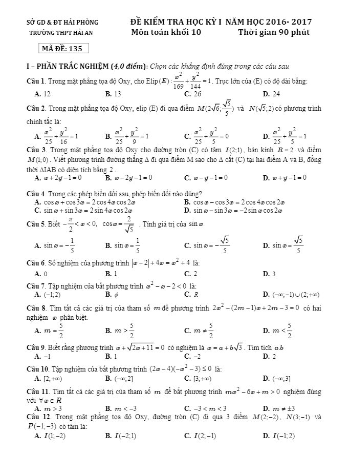 Đề thi học kì 2 (HK2) lớp 10 môn Toán năm học 2016 2017 trường THPT Hải An Hải Phòng