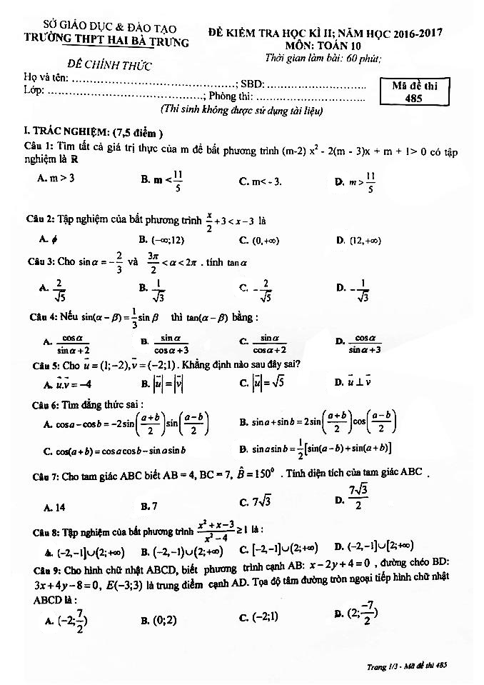 Đề thi học kì 2 (HK2) lớp 10 môn Toán năm học 2016 2017 trường THPT Hai Bà Trưng TT. Huế