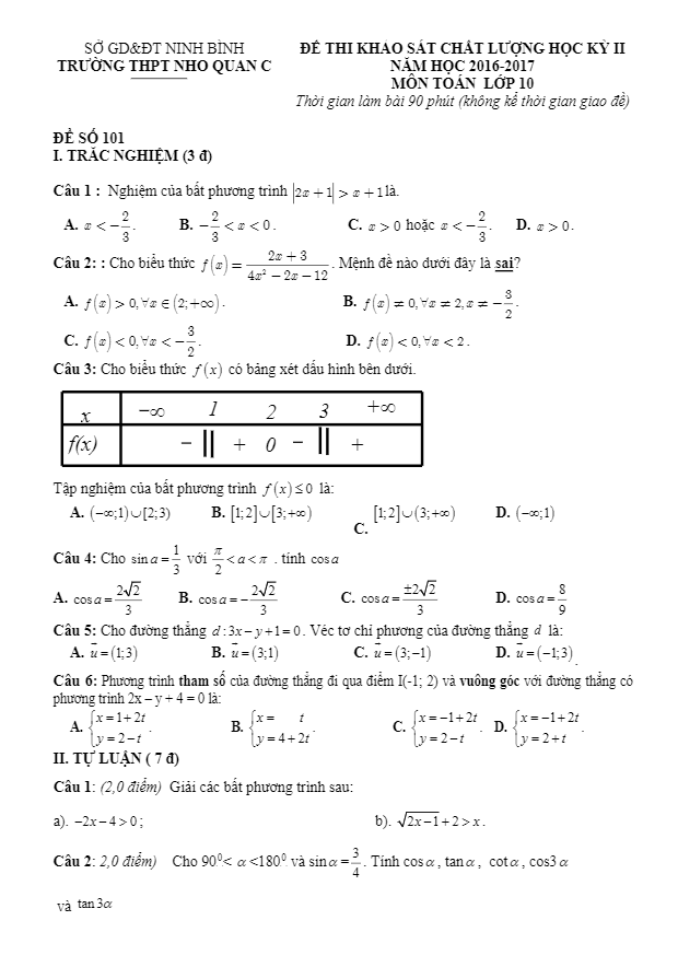 Đề thi học kì 2 (HK2) lớp 10 môn Toán năm học 2016 2017 trường THPT Nho Quan C Ninh Bình