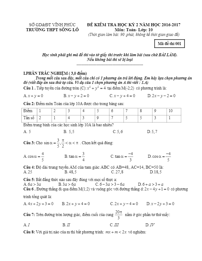 Đề thi học kì 2 (HK2) lớp 10 môn Toán năm học 2016 2017 trường THPT Sông Lô Vĩnh Phúc