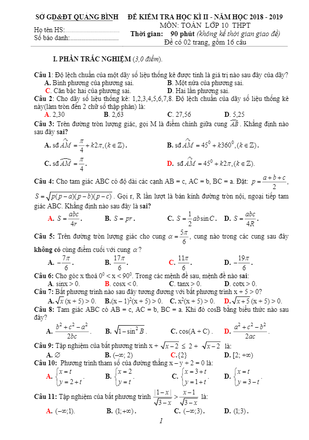 Đề thi học kì 2 (HK2) lớp 10 môn Toán năm học 2018 2019 sở GD ĐT Quảng Bình