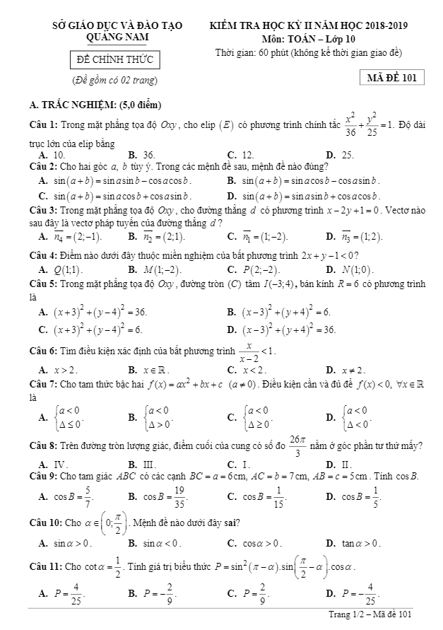 Đề thi học kì 2 (HK2) lớp 10 môn Toán năm học 2018 2019 sở GD và ĐT Quảng Nam