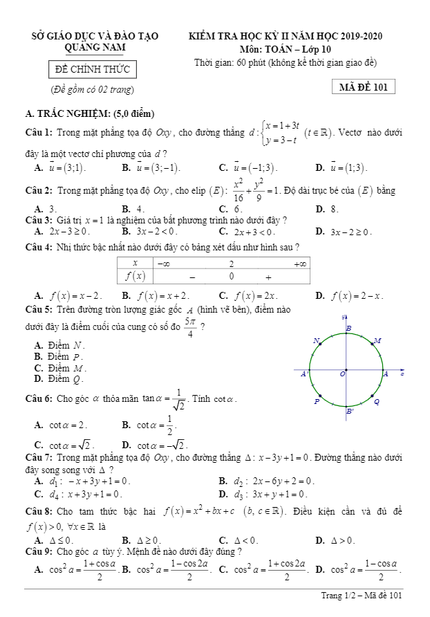 Đề thi học kì 2 (HK2) lớp 10 môn Toán năm học 2019 2020 sở GD ĐT Quảng Nam