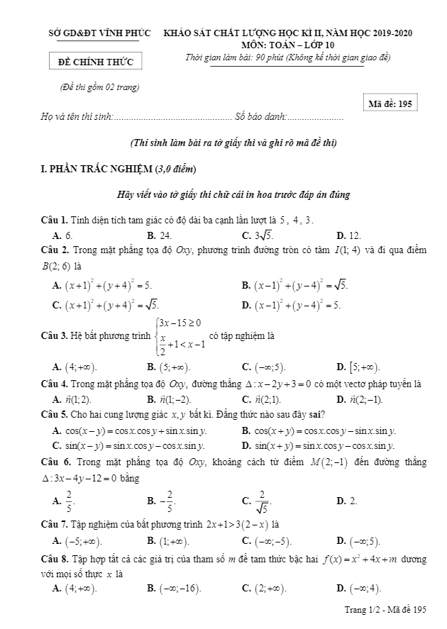 Đề thi học kì 2 (HK2) lớp 10 môn Toán năm học 2019 2020 sở GD ĐT Vĩnh Phúc