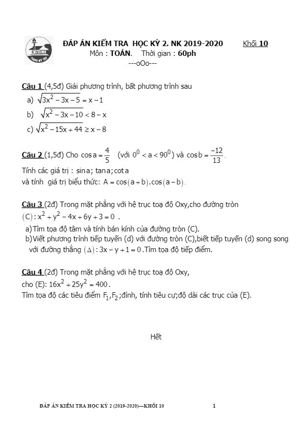 Đề thi học kì 2 (HK2) lớp 10 môn Toán năm học 2019 2020 trường THPT Gia Định TP HCM