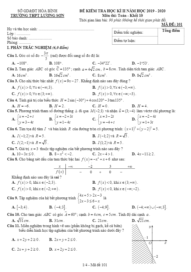 Đề thi học kì 2 (HK2) lớp 10 môn Toán năm học 2019 2020 trường THPT Lương Sơn Hòa Bình