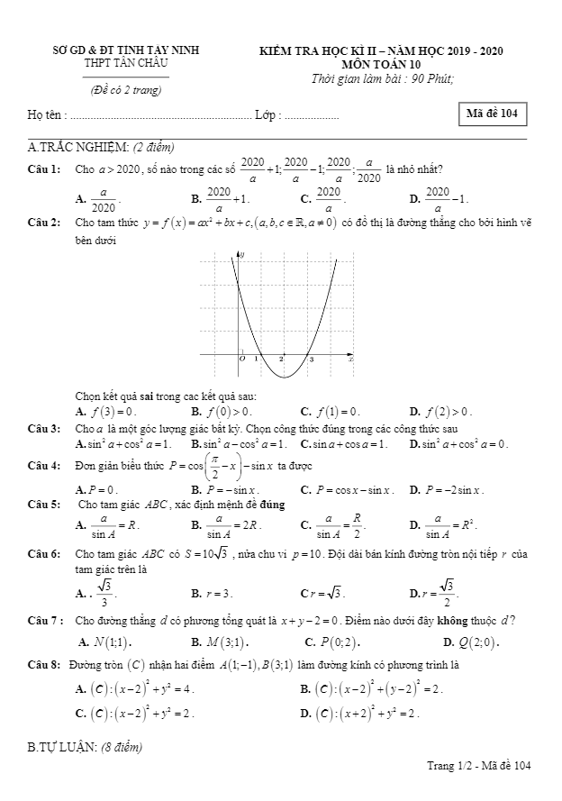 Đề thi học kì 2 (HK2) lớp 10 môn Toán năm học 2019 2020 trường THPT Tân Châu Tây Ninh