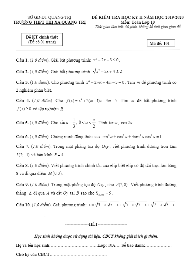 Đề thi học kì 2 (HK2) lớp 10 môn Toán năm học 2019 2020 trường THPT thị xã Quảng Trị