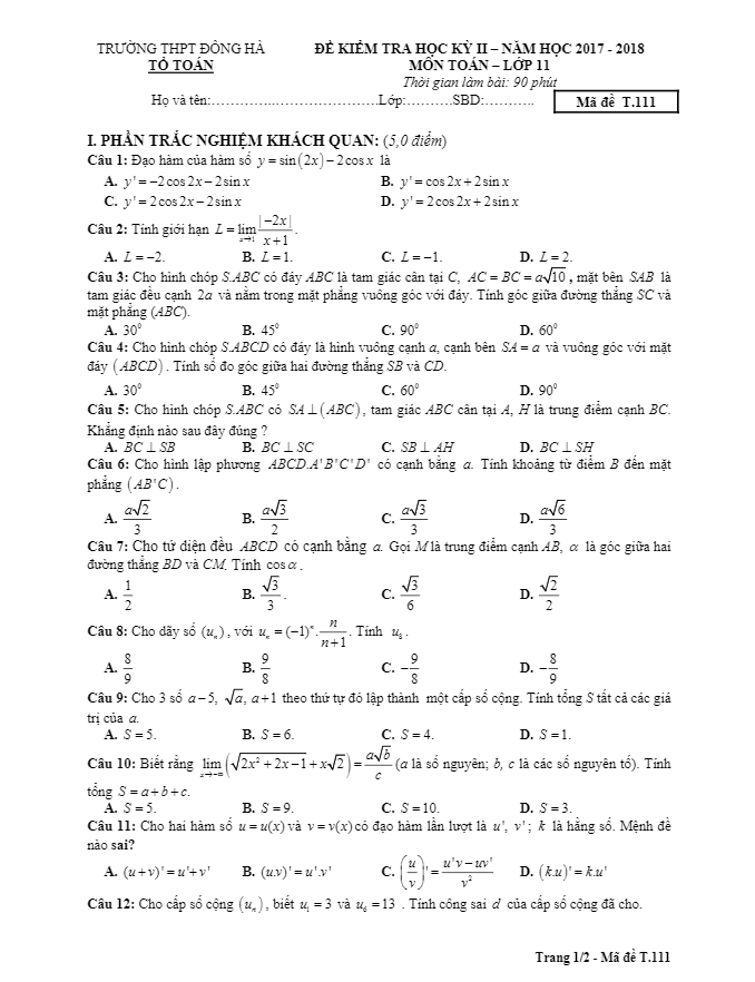 Đề thi học kì 2 (HK2) lớp 11 môn Toán năm 2017 2018 trường THPT Đông Hà Quảng Trị