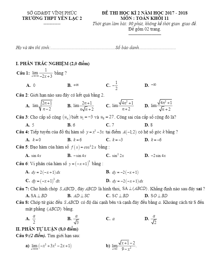 Đề thi học kì 2 (HK2) lớp 11 môn Toán năm 2017 2018 trường THPT Yên Lạc 2 Vĩnh Phúc