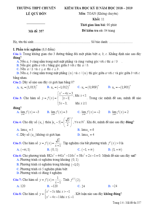 Đề thi học kì 2 (HK2) lớp 11 môn Toán năm 2018 2019 trường chuyên Lê Quý Đôn Khánh Hòa