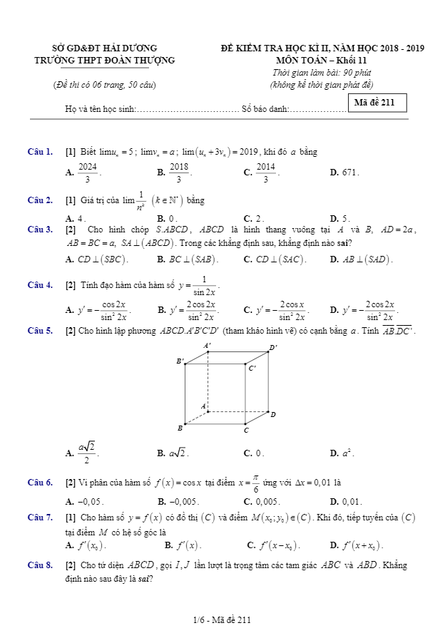 Đề thi học kì 2 (HK2) lớp 11 môn Toán năm 2018 2019 trường Đoàn Thượng Hải Dương