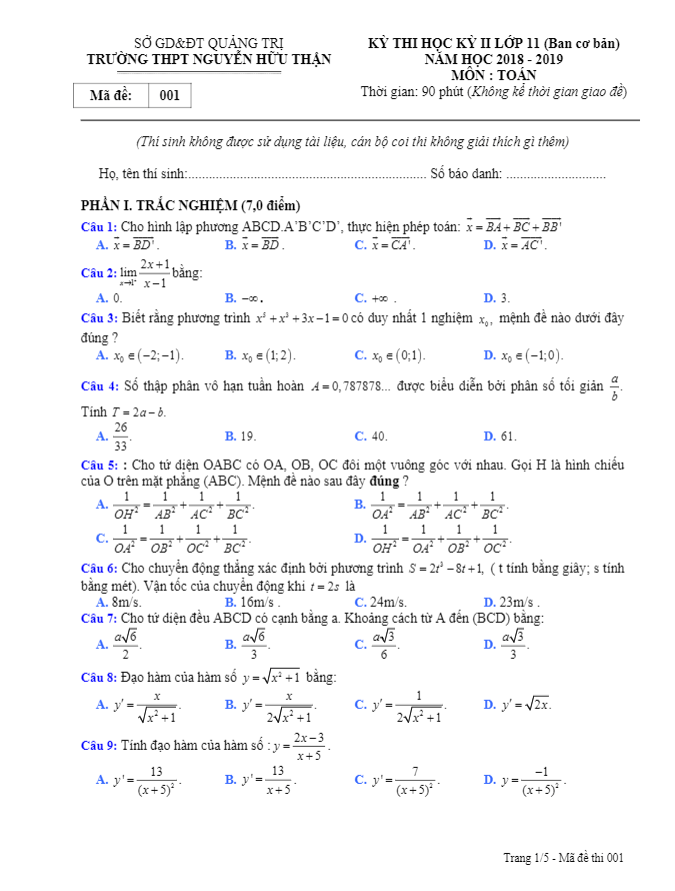 Đề thi học kì 2 (HK2) lớp 11 môn Toán năm 2018 2019 trường Nguyễn Hữu Thận Quảng Trị
