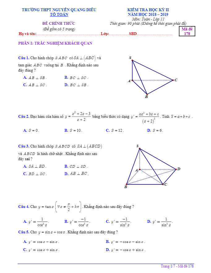 Đề thi học kì 2 (HK2) lớp 11 môn Toán năm 2018 2019 trường Nguyễn Quang Diêu An Giang