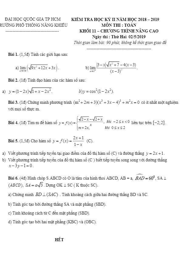Đề thi học kì 2 (HK2) lớp 11 môn Toán năm 2018 2019 trường Phổ thông Năng khiếu TP HCM