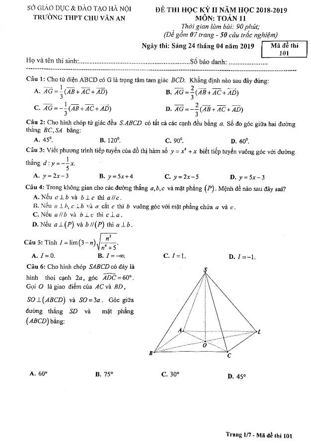 Đề thi học kì 2 (HK2) lớp 11 môn Toán năm 2018 2019 trường THPT Chu Văn An Hà Nội