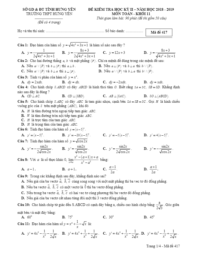Đề thi học kì 2 (HK2) lớp 11 môn Toán năm 2018 2019 trường THPT Hưng Yên Hưng Yên