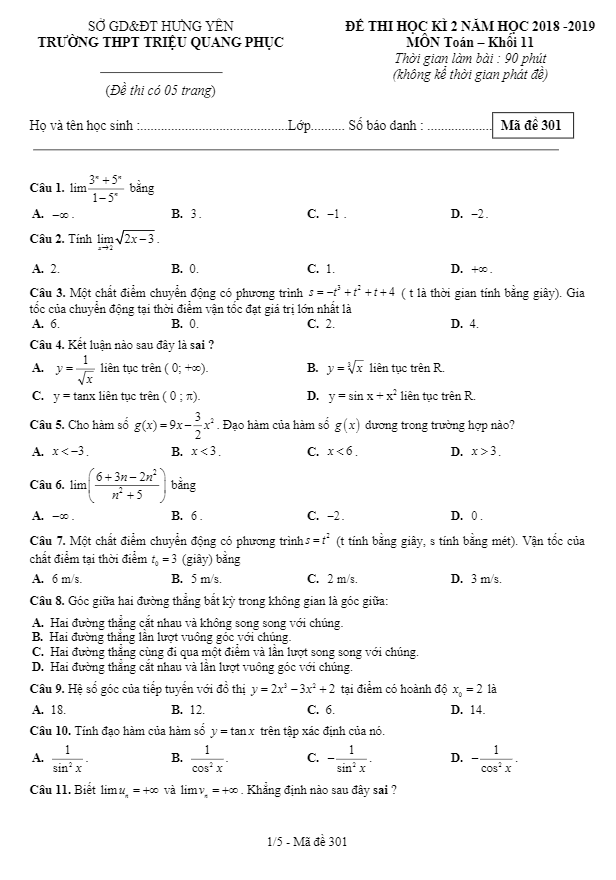 Đề thi học kì 2 (HK2) lớp 11 môn Toán năm 2018 2019 trường Triệu Quang Phục Hưng Yên