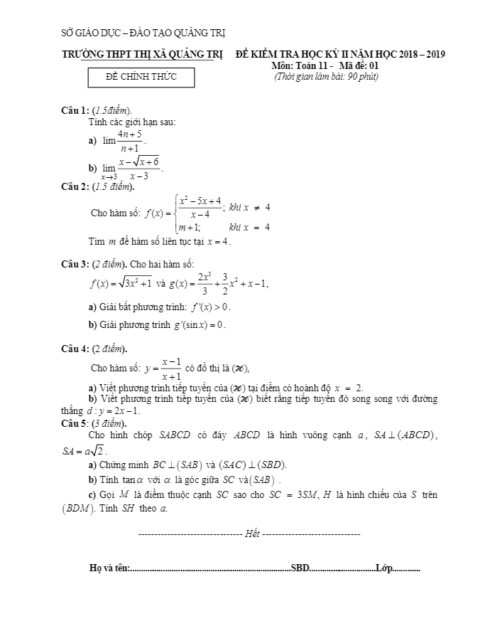 Đề thi học kì 2 (HK2) lớp 11 môn Toán năm 2018 – 2019 trường THPT Thị xã Quảng Trị