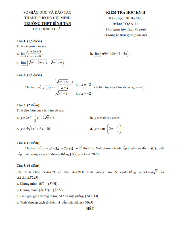Đề thi học kì 2 (HK2) lớp 11 môn Toán năm 2019 2020 trường THPT Bình Tân TP HCM