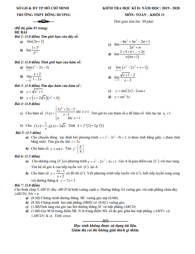 Đề thi học kì 2 (HK2) lớp 11 môn Toán năm 2019 2020 trường THPT Đông Dương TP HCM