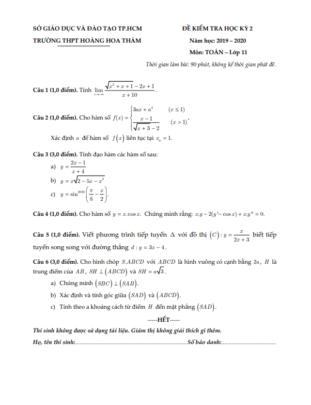 Đề thi học kì 2 (HK2) lớp 11 môn Toán năm 2019 2020 trường THPT Hoàng Hoa Thám TP HCM