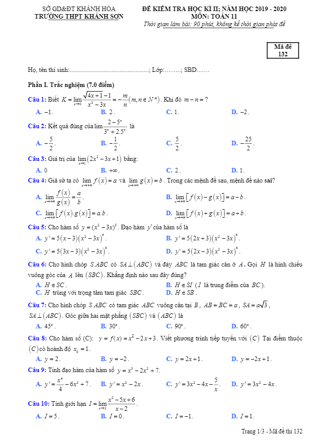 Đề thi học kì 2 (HK2) lớp 11 môn Toán năm 2019 2020 trường THPT Khánh Sơn Khánh Hòa