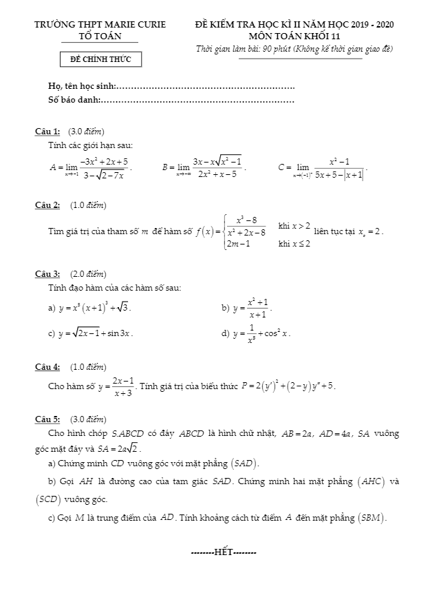 Đề thi học kì 2 (HK2) lớp 11 môn Toán năm 2019 2020 trường THPT Marie Curie TP HCM