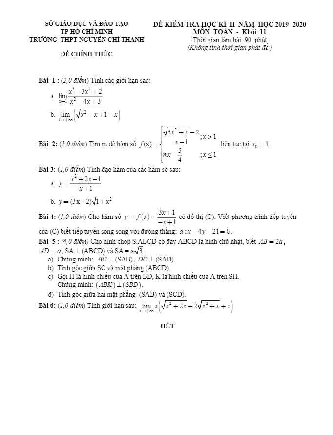 Đề thi học kì 2 (HK2) lớp 11 môn Toán năm 2019 2020 trường THPT Nguyễn Chí Thanh TP HCM