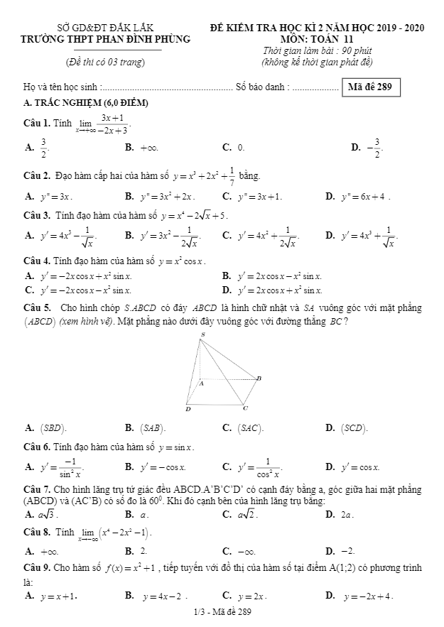 Đề thi học kì 2 (HK2) lớp 11 môn Toán năm 2019 2020 trường THPT Phan Đình Phùng Đắk Lắk