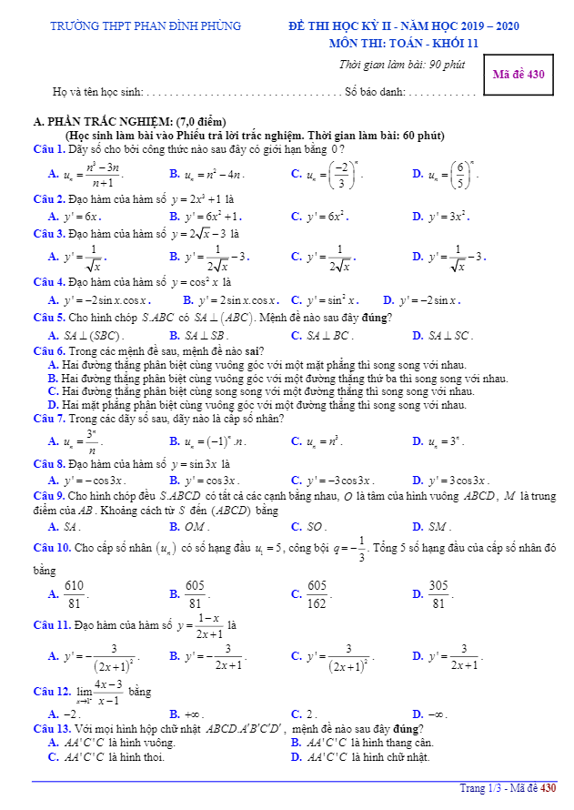 Đề thi học kì 2 (HK2) lớp 11 môn Toán năm 2019 2020 trường THPT Phan Đình Phùng Hà Nội