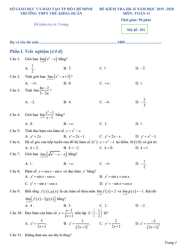 Đề thi học kì 2 (HK2) lớp 11 môn Toán năm 2019 2020 trường THPT Thủ Khoa Huân TP HCM
