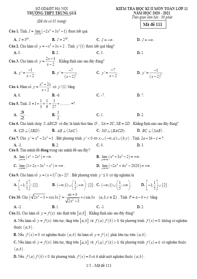 Đề thi học kì 2 (HK2) lớp 11 môn Toán năm 2019 2020 trường THPT Trung Giã Hà Nội