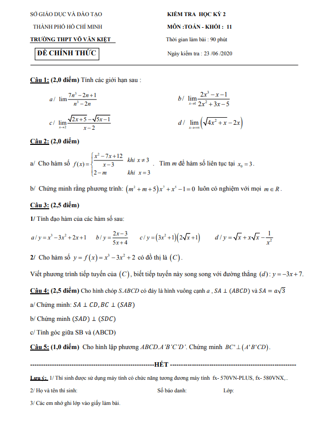 Đề thi học kì 2 (HK2) lớp 11 môn Toán năm 2019 2020 trường THPT Võ Văn Kiệt TP HCM