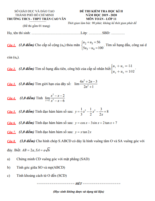 Đề thi học kì 2 (HK2) lớp 11 môn Toán năm 2019 2020 trường Trần Cao Vân TP HCM