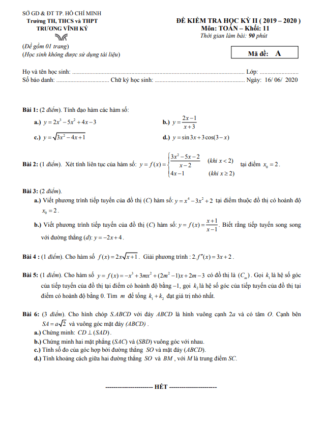 Đề thi học kì 2 (HK2) lớp 11 môn Toán năm 2019 2020 trường Trương Vĩnh Ký TP HCM