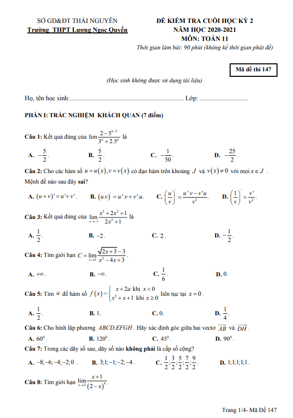 Đề thi học kì 2 (HK2) lớp 11 môn Toán năm 2020 2021 trường Lương Ngọc Quyến Thái Nguyên