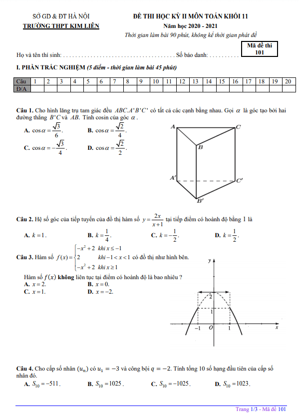 Đề thi học kì 2 (HK2) lớp 11 môn Toán năm 2020 2021 trường THPT Kim Liên Hà Nội