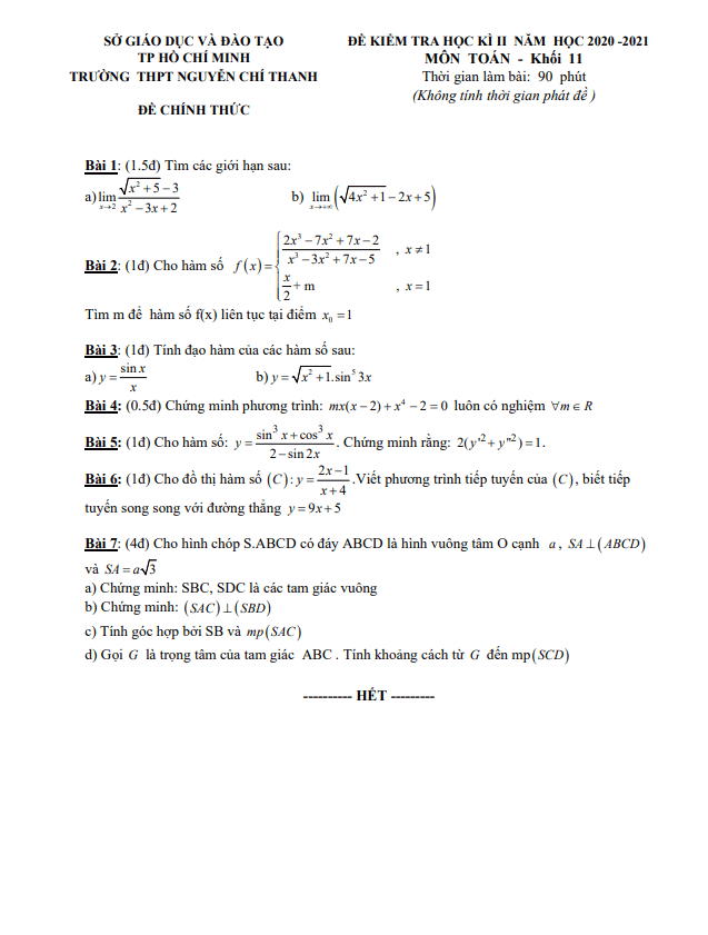 Đề thi học kì 2 (HK2) lớp 11 môn Toán năm 2020 2021 trường THPT Nguyễn Chí Thanh TP HCM