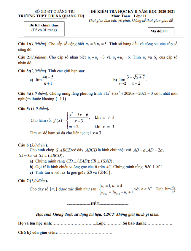 Đề thi học kì 2 (HK2) lớp 11 môn Toán năm 2020 2021 trường THPT Thị xã Quảng Trị