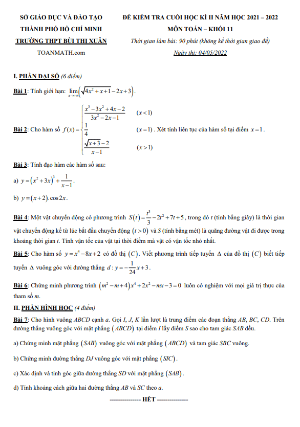 Đề thi học kì 2 (HK2) lớp 11 môn Toán năm 2021 2022 trường THPT Bùi Thị Xuân TP HCM