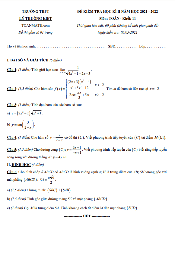 Đề thi học kì 2 (HK2) lớp 11 môn Toán năm 2021 2022 trường THPT Lý Thường Kiệt TP HCM