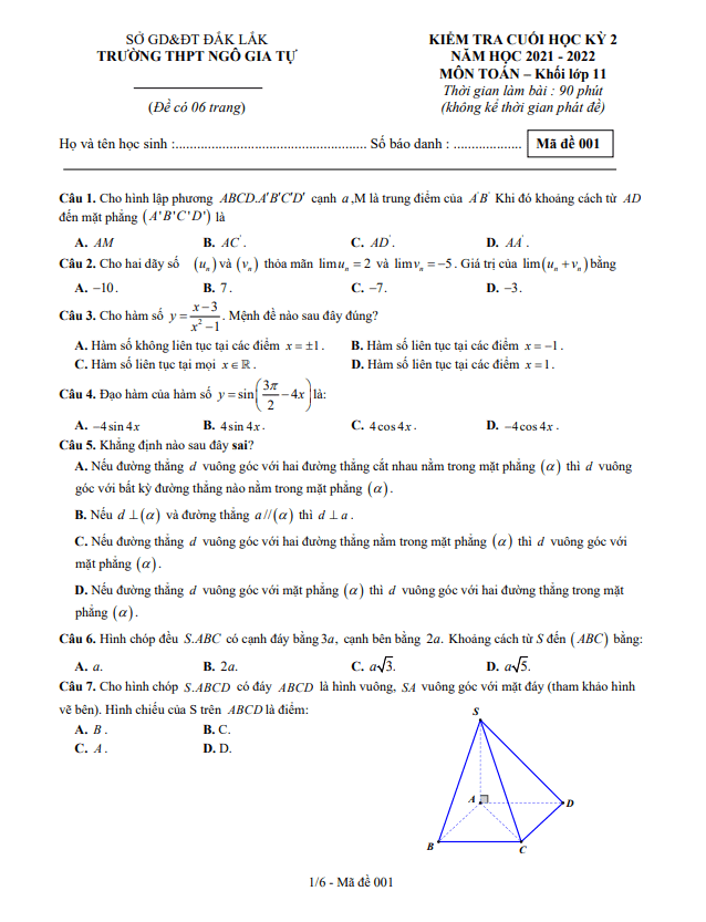 Đề thi học kì 2 (HK2) lớp 11 môn Toán năm 2021 2022 trường THPT Ngô Gia Tự Đắk Lắk