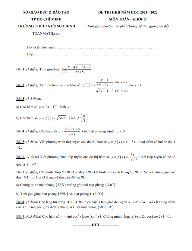 Đề thi học kì 2 (HK2) lớp 11 môn Toán năm 2021 2022 trường THPT Trường Chinh TP HCM