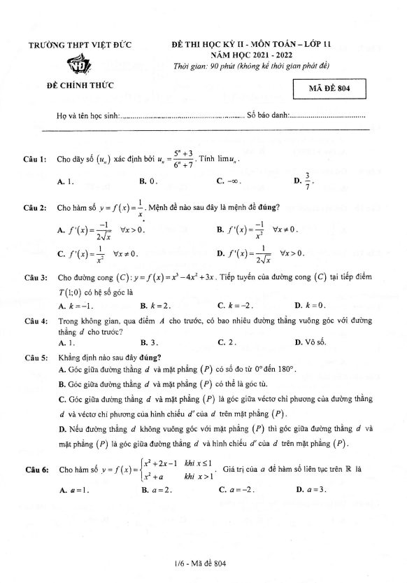 Đề thi học kì 2 (HK2) lớp 11 môn Toán năm 2021 2022 trường THPT Việt Đức Hà Nội