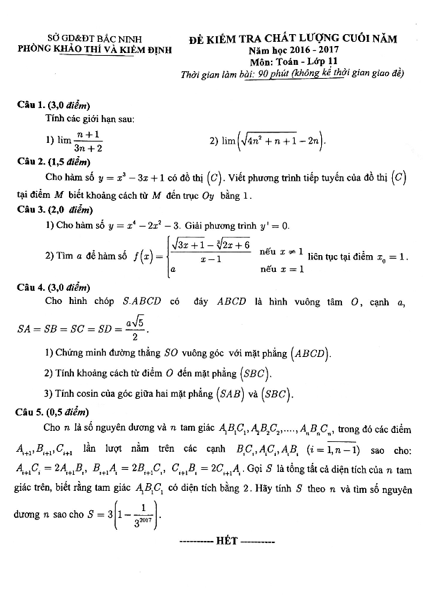 Đề thi học kì 2 (HK2) lớp 11 môn Toán năm học 2016 2017 sở GD và ĐT Bắc Ninh